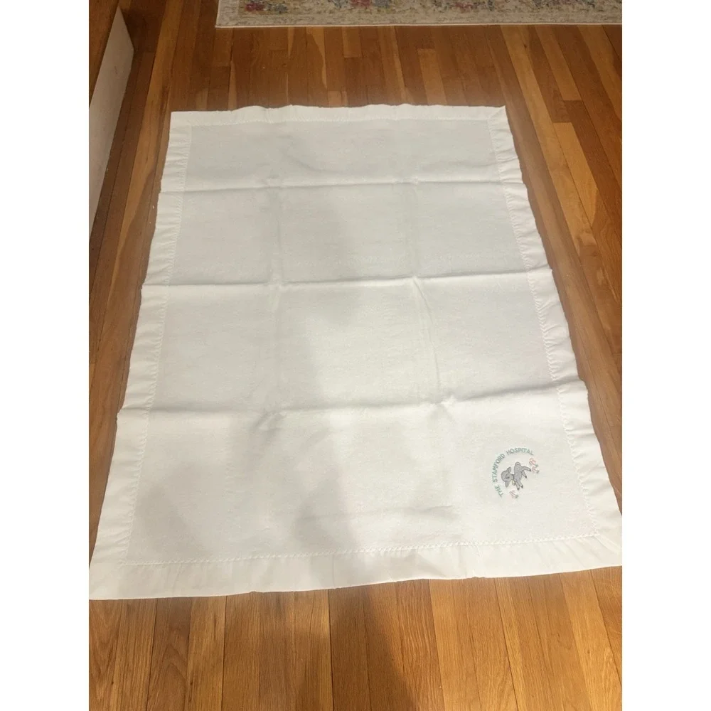 Vintage Stamford Hospital Satin Acrylic White Baby Blanket Embroidered Lamb CT